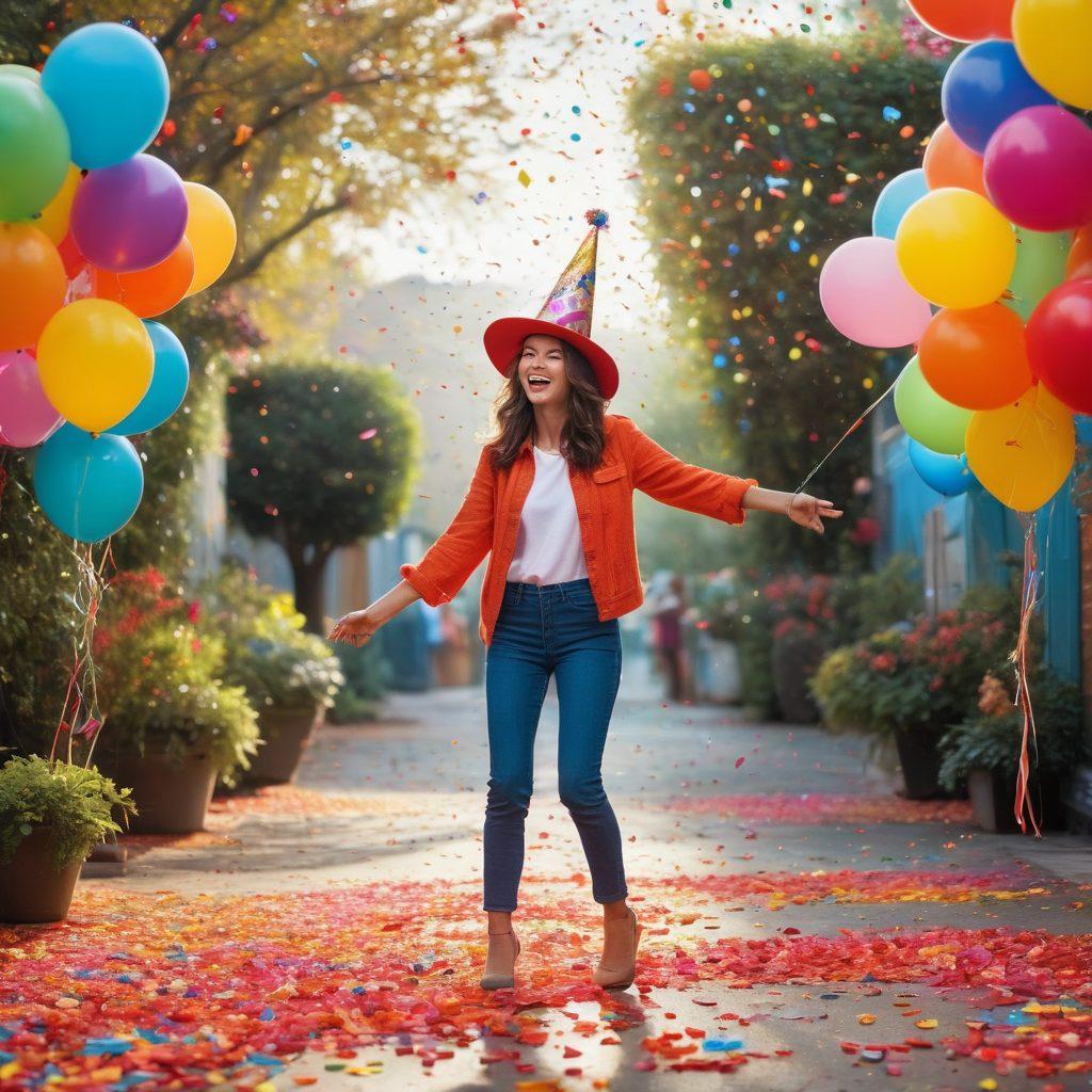 A vivid, whimsical scene depicting a person joyfully dancing in a spotlight surrounded by colorful confetti and playful balloons. The background should mix elements of a vibrant carnival and a serene garden, embodying a sense of fun and freedom. Add quirky animals wearing party hats and a rainbow arching across the sky to emphasize the playful spirit. Use bright, saturated colors and soft, dreamy textures to create an inviting atmosphere. vibrant colors. super-realistic.