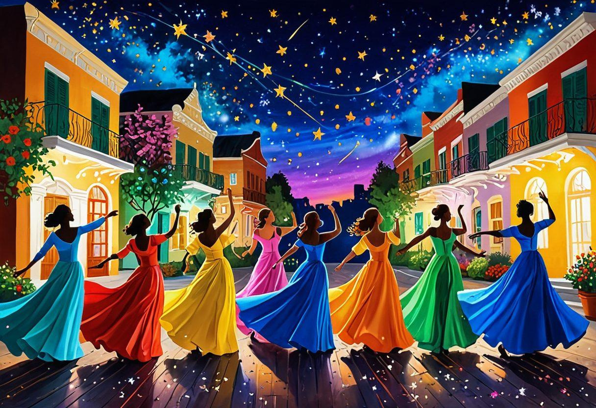 A vibrant, whimsical scene depicting a diverse group of artists joyfully engaged in various creative activities like painting, dancing, and playing instruments, all under a starry sky filled with shooting stars. The setting is lush and colorful, with splashes of paint and musical notes in the air, symbolizing creativity and joy. Emphasize bright colors and a sense of celebration. super-realistic. vibrant colors. night scene.