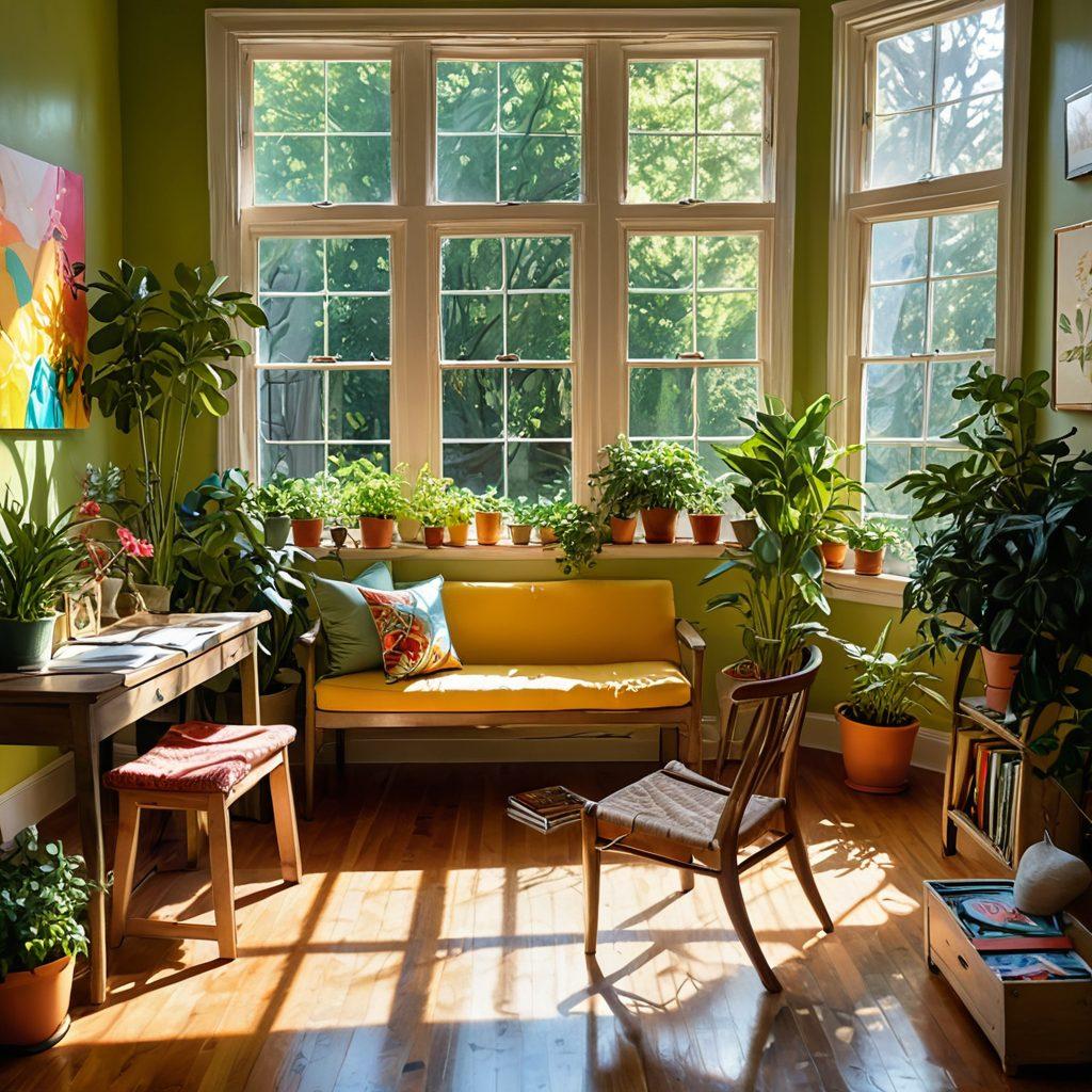 A warm, inviting scene showcasing a cozy, sunlit room filled with vibrant artworks, plants, and cheerful people interacting. An artist at work creates colorful paintings while a friend admires their creativity. Sunlight streams through large windows, casting playful shadows, symbolizing the joy of artistry in everyday life. Whimsical touches like floating musical notes and brush strokes in the air enhance the atmosphere. super-realistic. vibrant colors. soft focus.